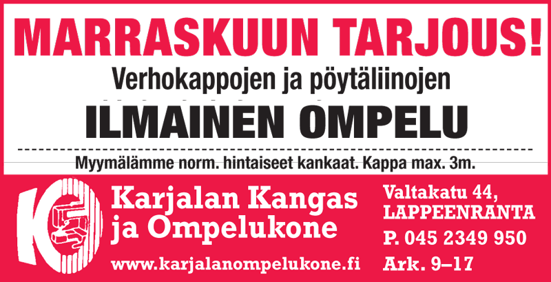 P�yt�liinoihin ja verhokappoihin ilmainen ompelu
